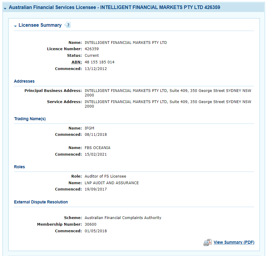 FBS ASIC license