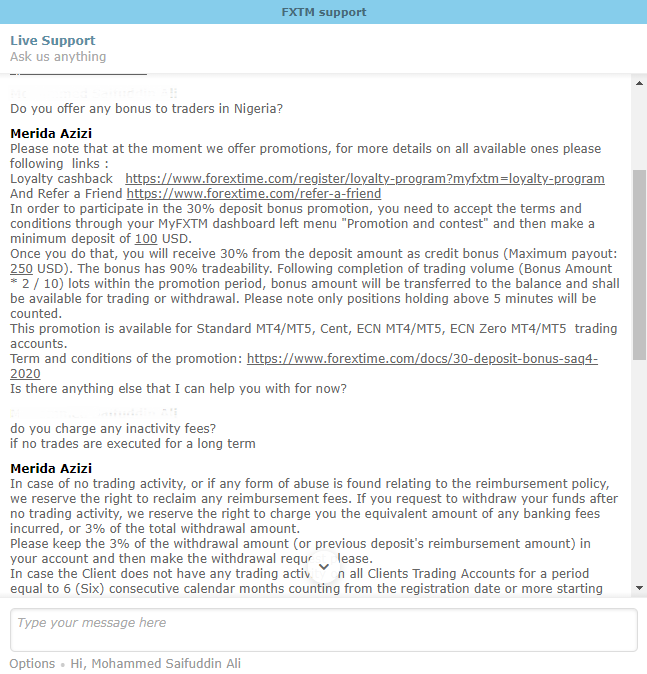FXTM Nigeria live chat support is good