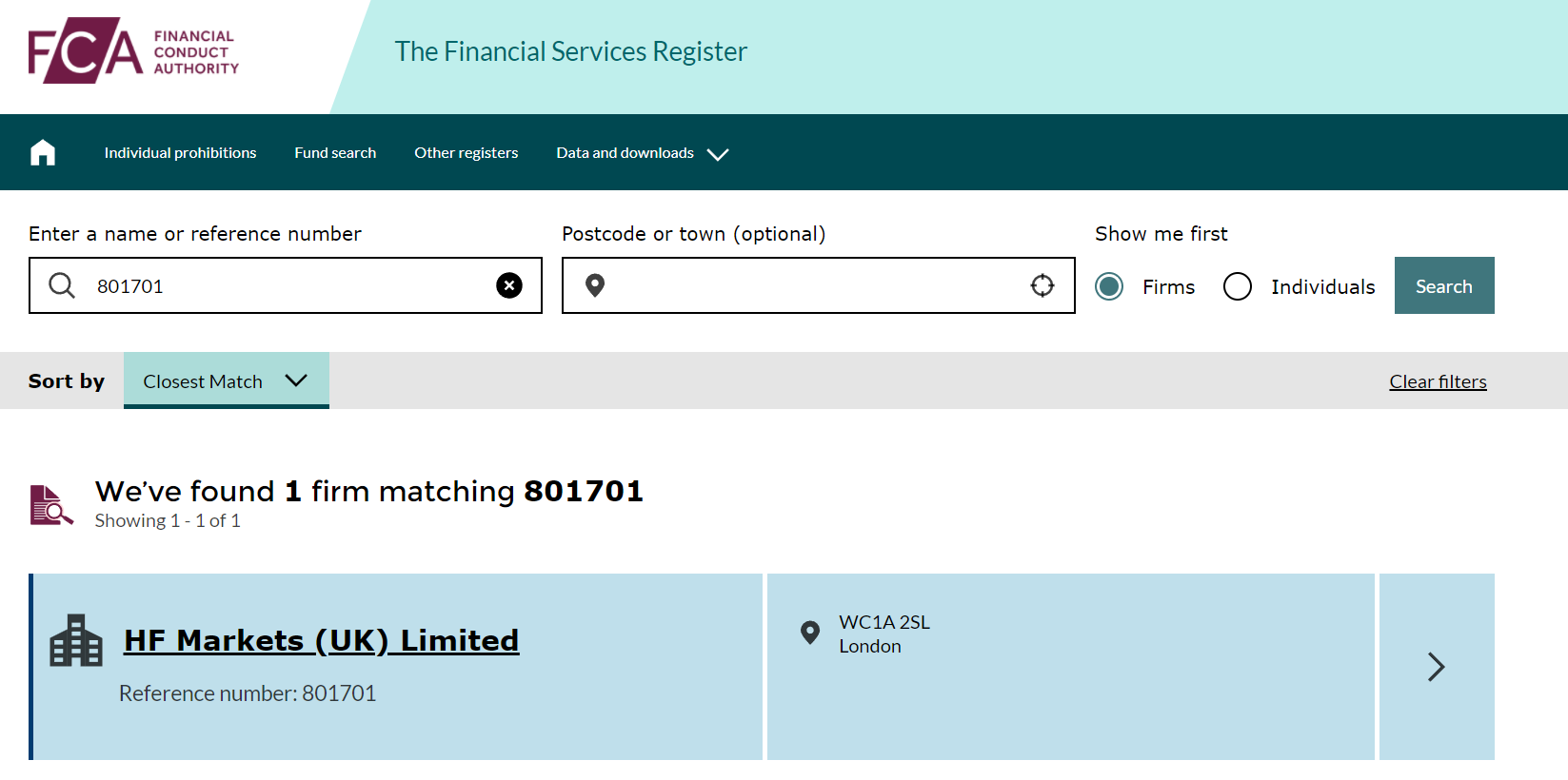 FCA financial register query for HF
