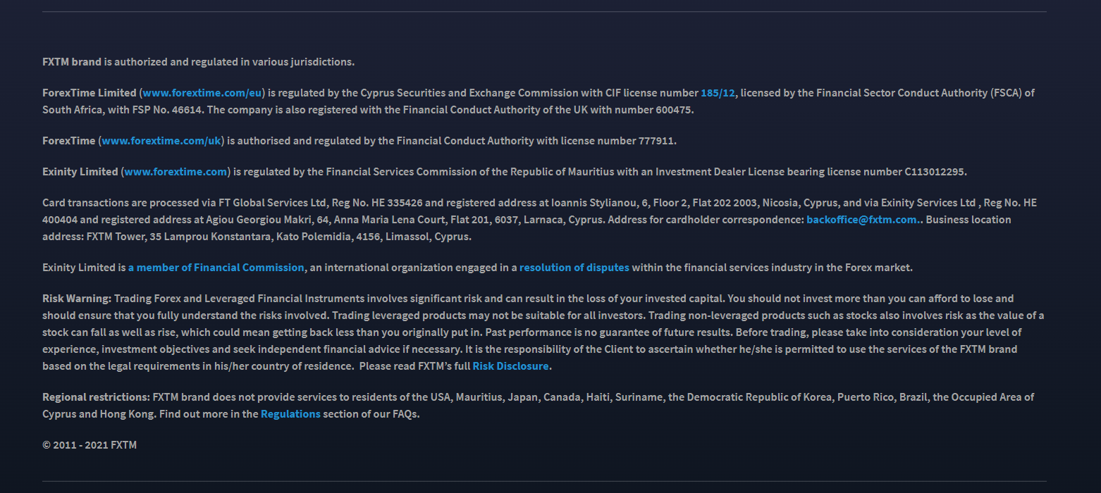 FXTM regulation details at footnote of the website